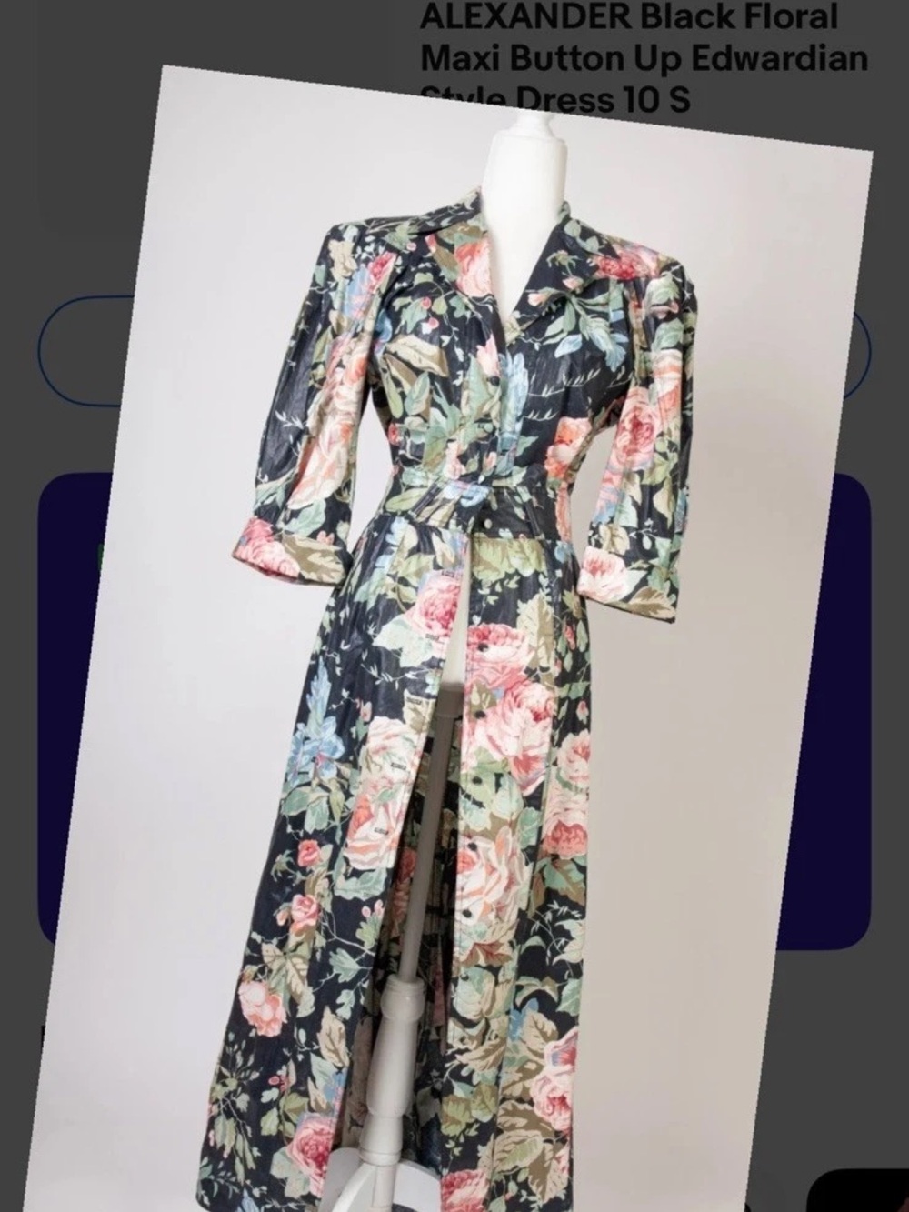 Black Floral Maxi Dress with Pink Rose PrintVINTAGE KAREN ALAXENDER GREAT shape